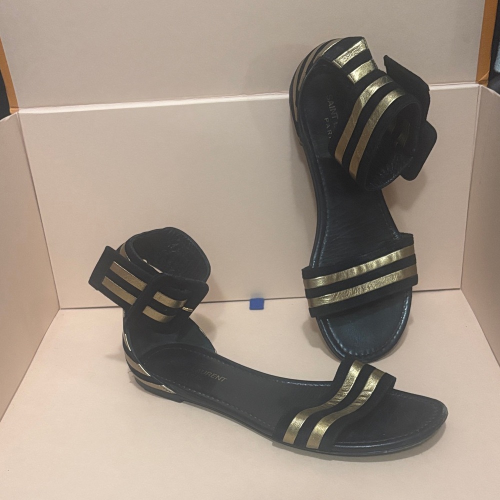 Saint Laurent Black and Gold Striped Sandals